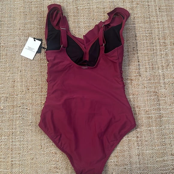 New DKNY Ruffle Plunge Underwire TummyControl One Piece Swimsuit Burgundy Size 6 - Picture 8 of 11